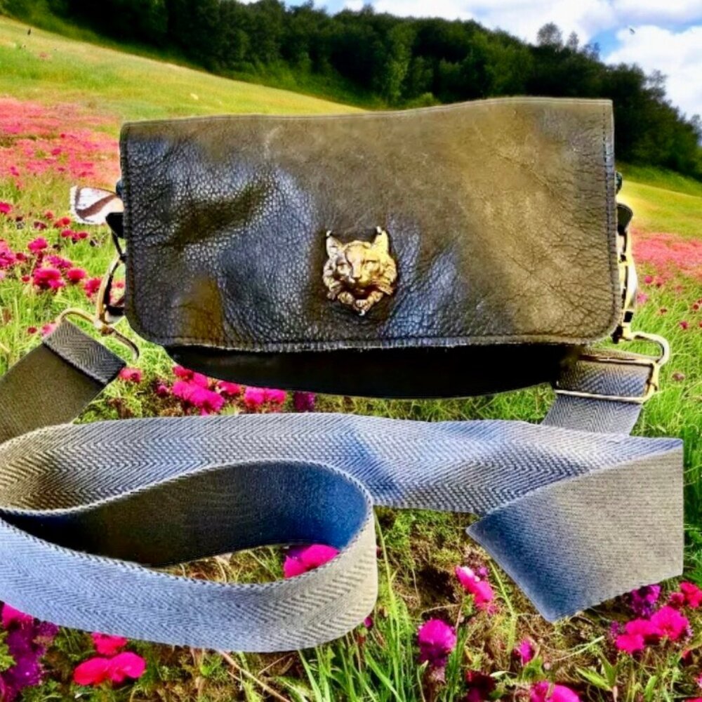 Sous les Pavés Paris SLP Green Lambskin Handbag Crossbody Web Strap Bronze Cat - Picture 15 of 15